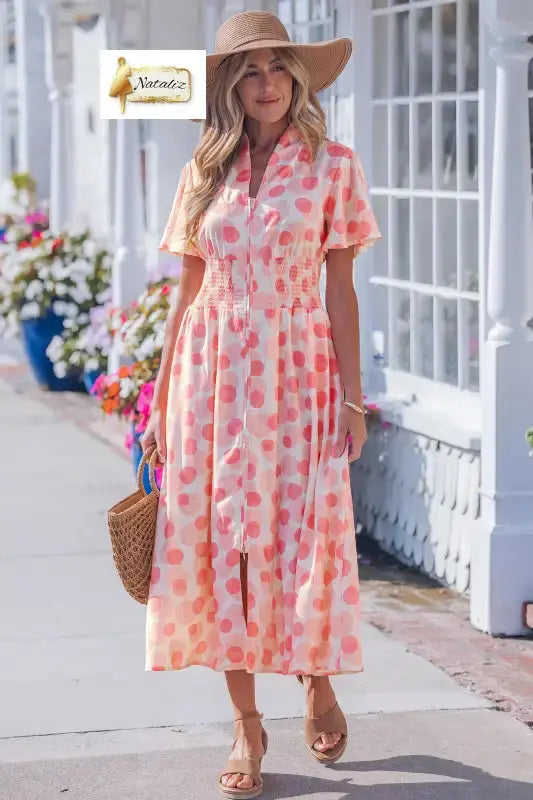 Pink Polka Dot Printed Ruffle Short Sleeve Zip Up Long Dress Nataliz