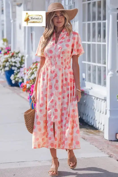 Pink Polka Dot Printed Ruffle Short Sleeve Zip Up Long Dress Nataliz