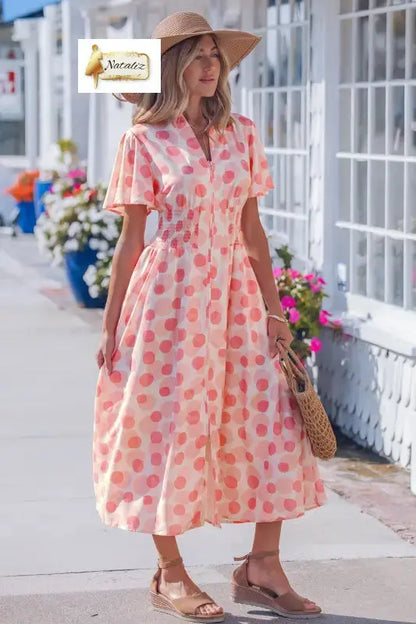 Pink Polka Dot Printed Ruffle Short Sleeve Zip Up Long Dress Nataliz