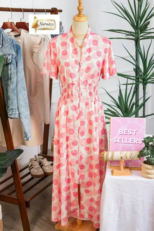 Pink Polka Dot Printed Ruffle Short Sleeve Zip Up Long Dress Nataliz