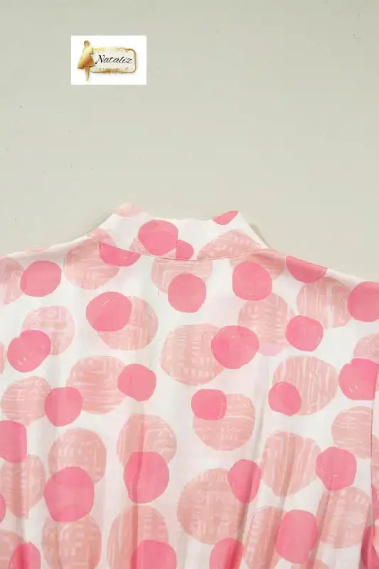 Pink Polka Dot Printed Ruffle Short Sleeve Zip Up Long Dress Nataliz