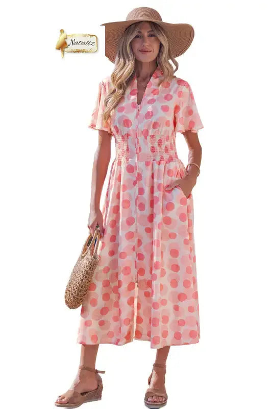 Pink Polka Dot Printed Ruffle Short Sleeve Zip Up Long Dress Nataliz