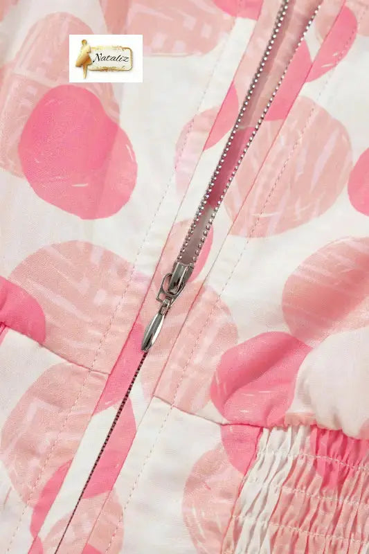 Pink Polka Dot Printed Ruffle Short Sleeve Zip Up Long Dress Nataliz