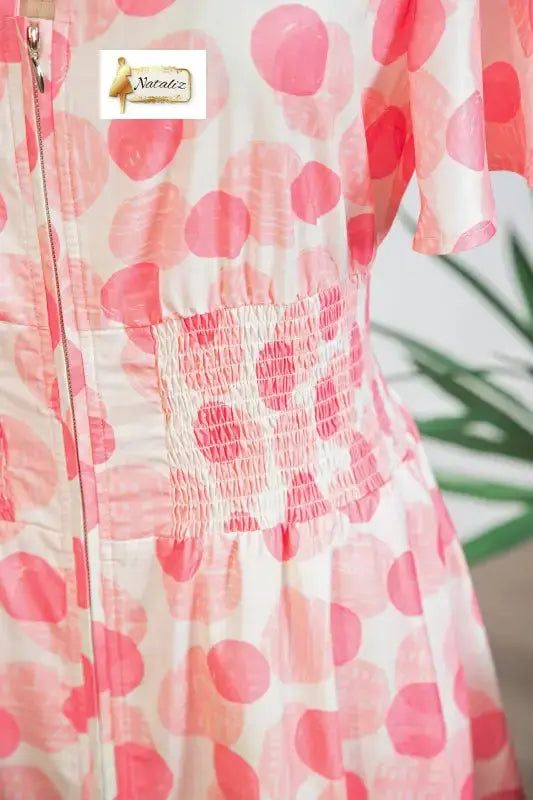 Pink Polka Dot Printed Ruffle Short Sleeve Zip Up Long Dress Nataliz