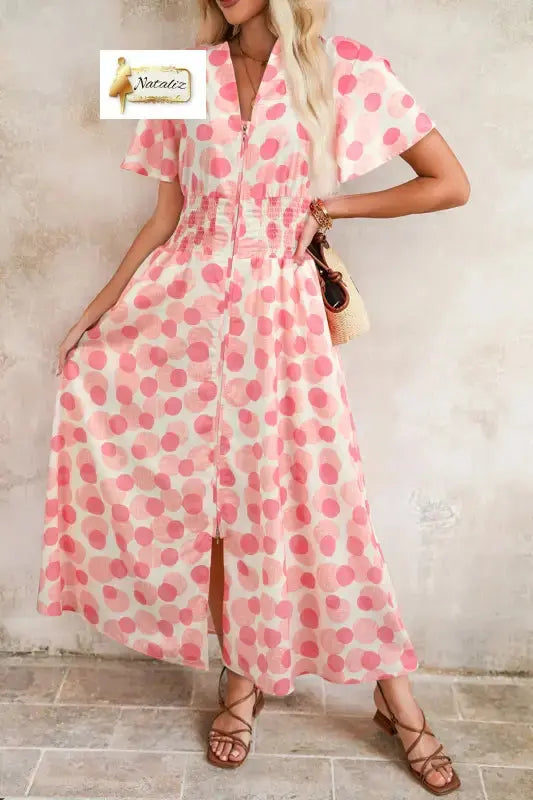 Pink Polka Dot Printed Ruffle Short Sleeve Zip Up Long Dress Nataliz