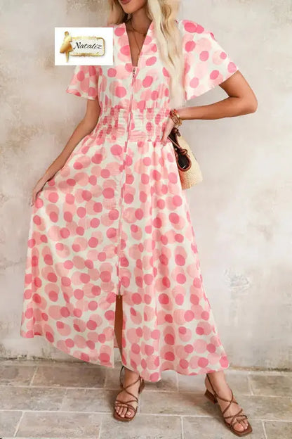 Pink Polka Dot Printed Ruffle Short Sleeve Zip Up Long Dress Nataliz