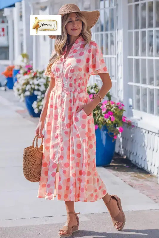 Pink Polka Dot Printed Ruffle Short Sleeve Zip Up Long Dress Nataliz
