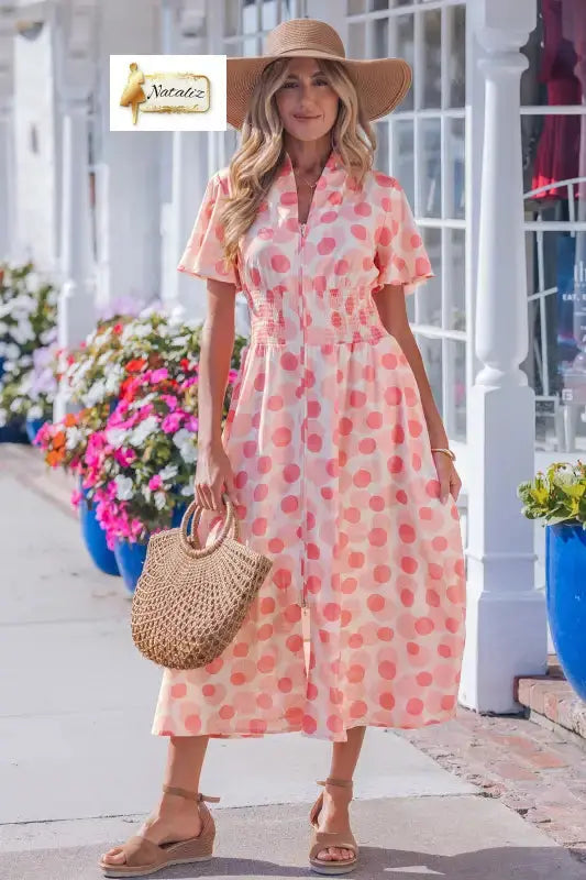 Pink Polka Dot Printed Ruffle Short Sleeve Zip Up Long Dress Nataliz