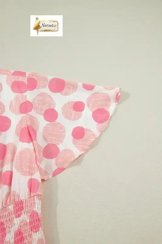 Pink Polka Dot Printed Ruffle Short Sleeve Zip Up Long Dress Nataliz