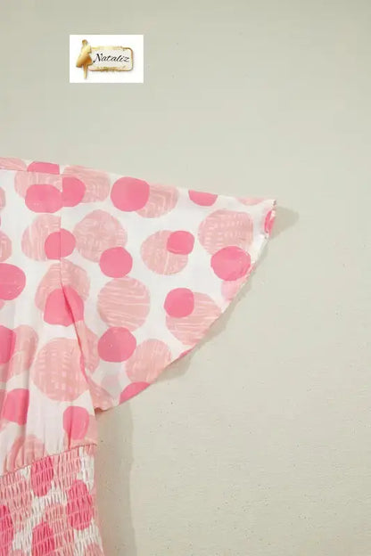 Pink Polka Dot Printed Ruffle Short Sleeve Zip Up Long Dress Nataliz