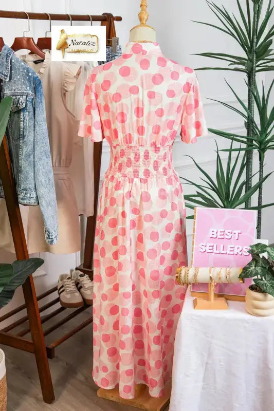 Pink Polka Dot Printed Ruffle Short Sleeve Zip Up Long Dress Nataliz