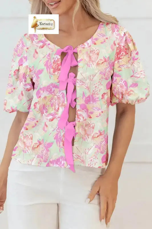 Pink Ribbon Knot Front Floral Short Puff Sleeve Blouse Dear-Lover Dropshipping
