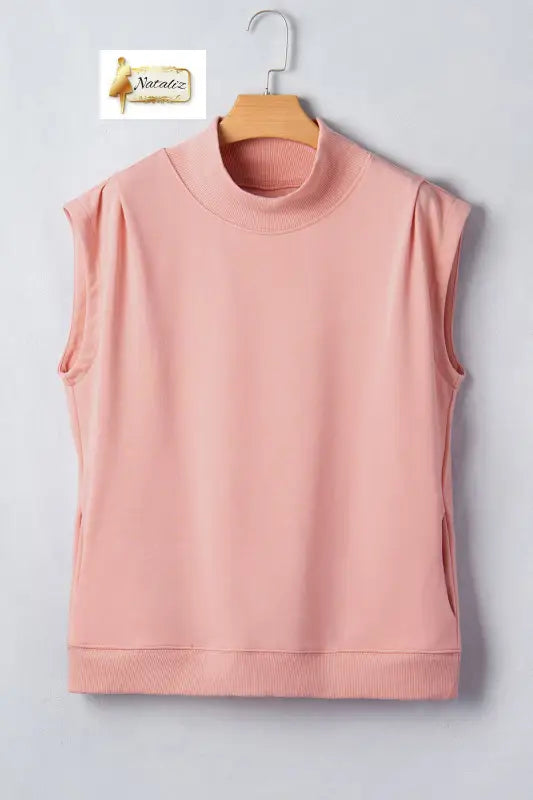 Pink Solid Color High Neck Cap Sleeve Loose Top Nataliz