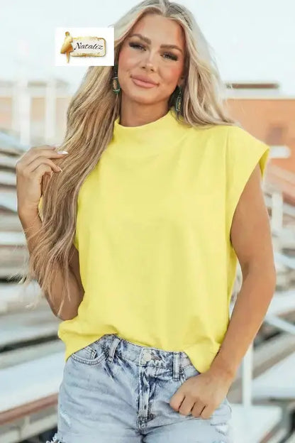 Pink Solid Color High Neck Cap Sleeve Loose Top Nataliz