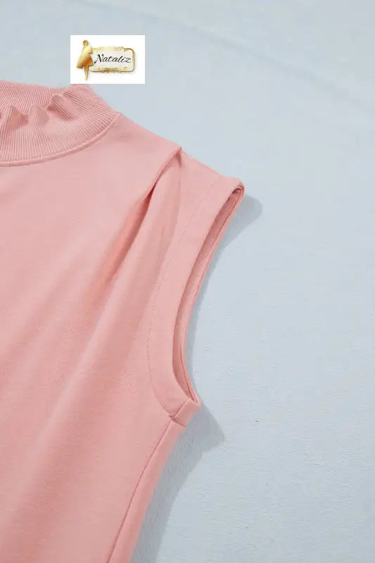 Pink Solid Color High Neck Cap Sleeve Loose Top Nataliz