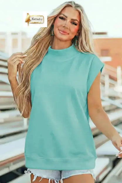 Pink Solid Color High Neck Cap Sleeve Loose Top Nataliz