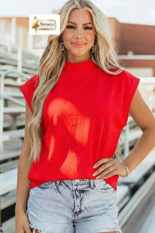 Pink Solid Color High Neck Cap Sleeve Loose Top Nataliz