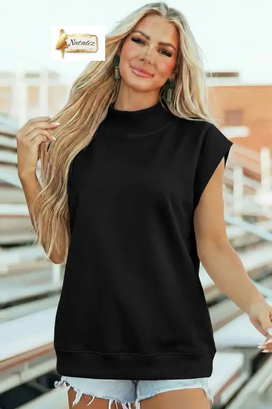 Pink Solid Color High Neck Cap Sleeve Loose Top Nataliz
