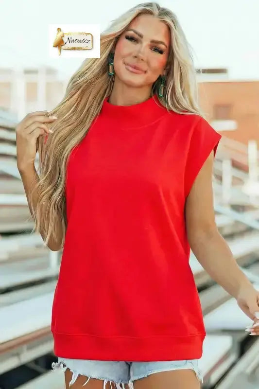 Pink Solid Color High Neck Cap Sleeve Loose Top Nataliz