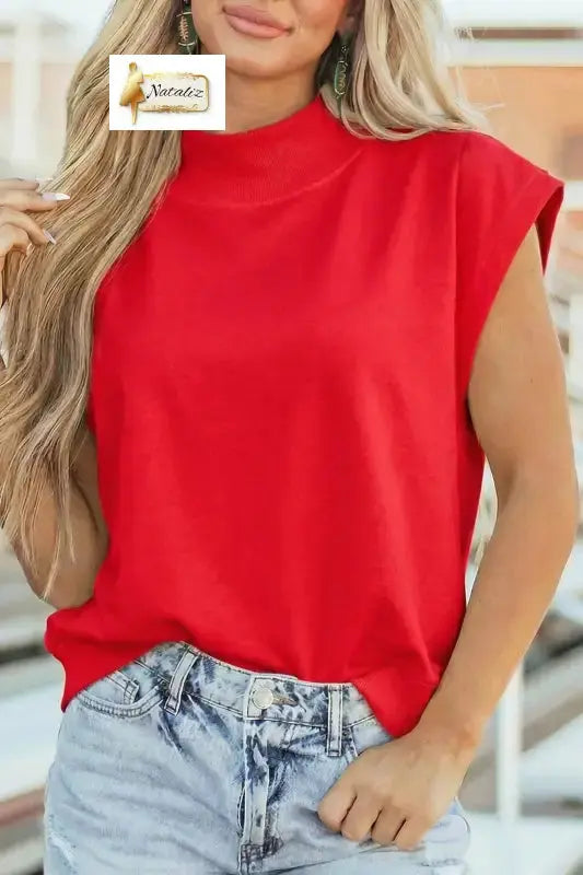 Pink Solid Color High Neck Cap Sleeve Loose Top Nataliz