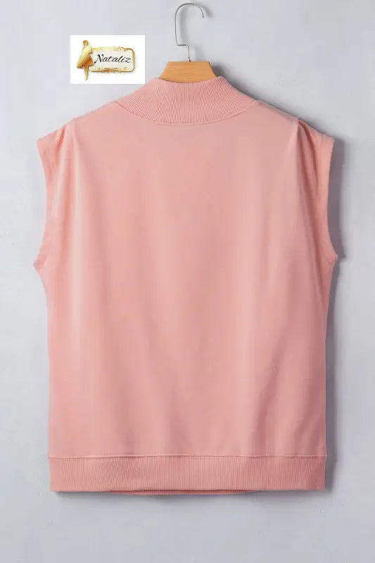 Pink Solid Color High Neck Cap Sleeve Loose Top Nataliz