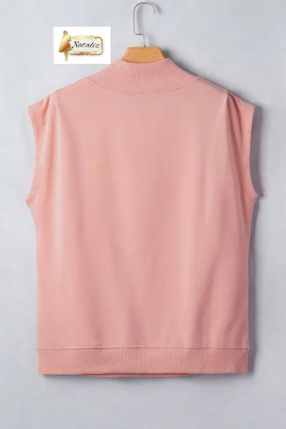 Pink Solid Color High Neck Cap Sleeve Loose Top Nataliz