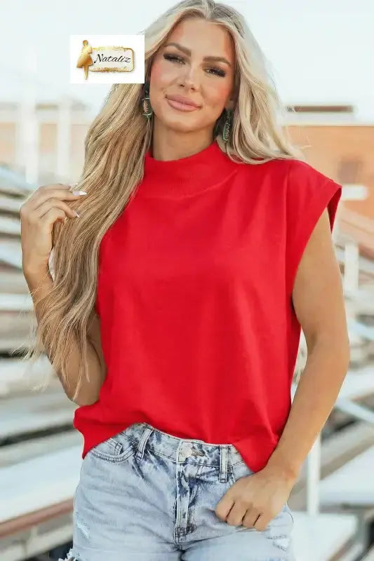 Pink Solid Color High Neck Cap Sleeve Loose Top Nataliz