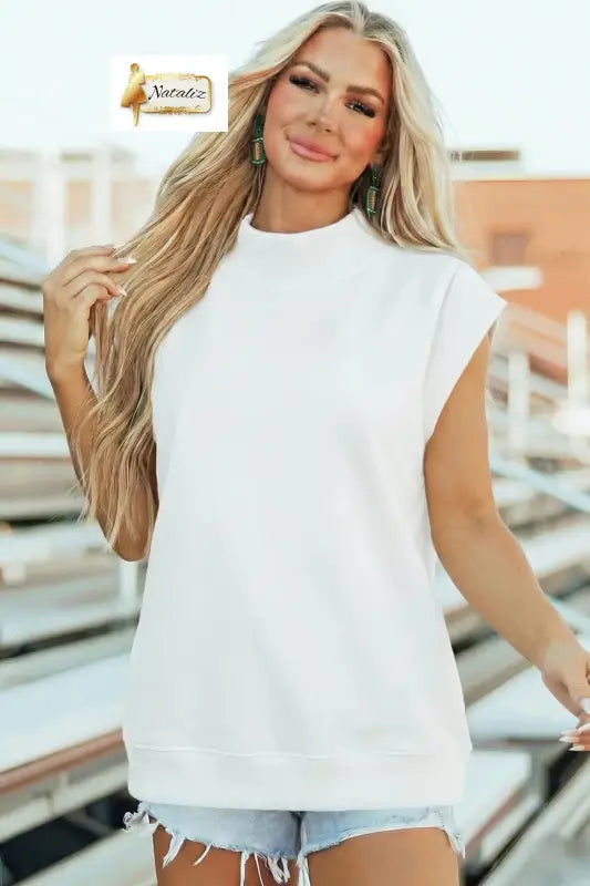 Pink Solid Color High Neck Cap Sleeve Loose Top Nataliz