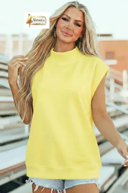 Pink Solid Color High Neck Cap Sleeve Loose Top Nataliz