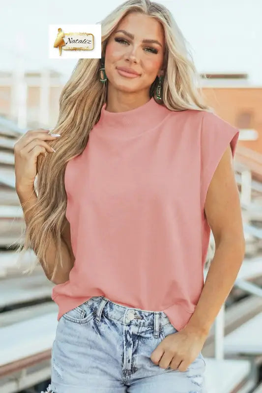 Pink Solid Color High Neck Cap Sleeve Loose Top Nataliz