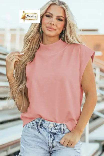 Pink Solid Color High Neck Cap Sleeve Loose Top Nataliz