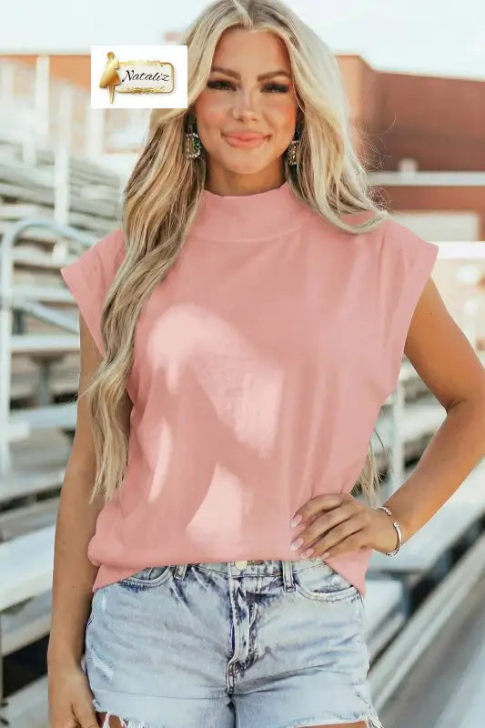 Pink Solid Color High Neck Cap Sleeve Loose Top Nataliz
