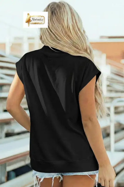 Pink Solid Color High Neck Cap Sleeve Loose Top Nataliz