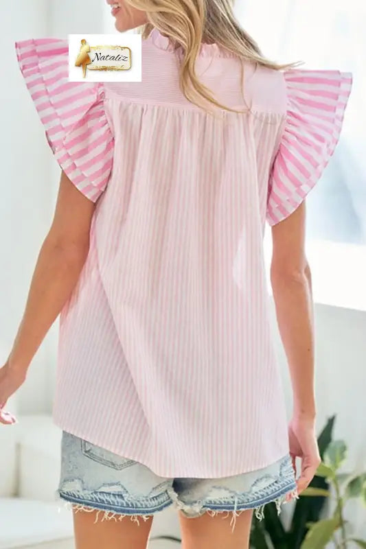 Pink Stripe Contrast Trim V Neck Flutter Sleeve Blouse Nataliz