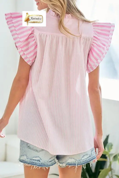 Pink Stripe Contrast Trim V Neck Flutter Sleeve Blouse Nataliz