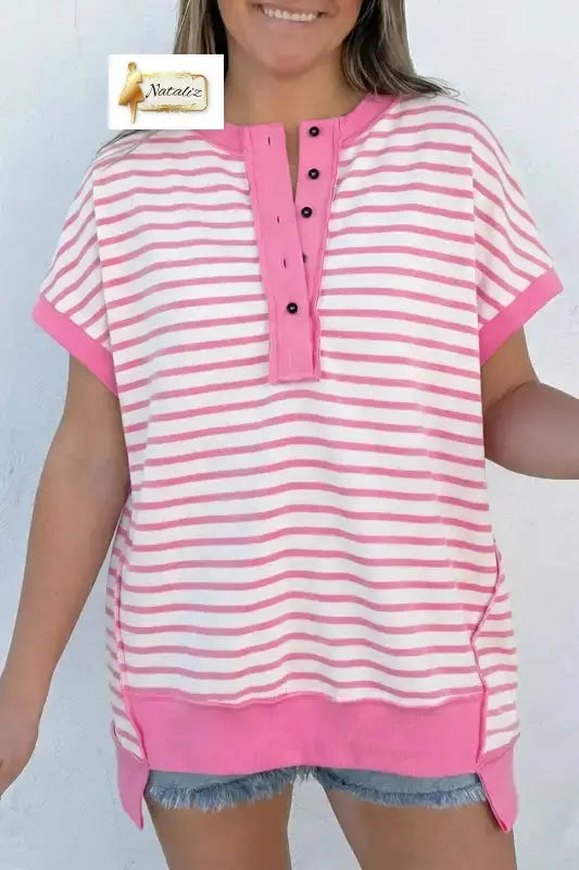 Pink Stripe Half Placket High Low Short Sleeve Top Dear-Lover Dropshipping