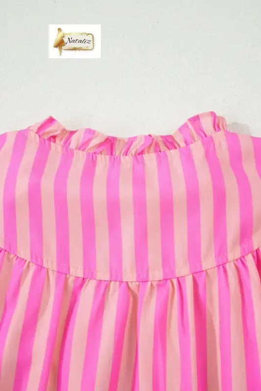 Pink Stripe Split Neck Ruffled Summer Blouse Nataliz