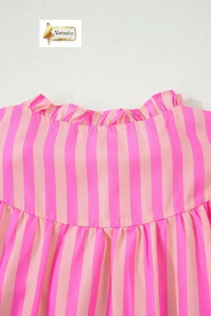 Pink Stripe Split Neck Ruffled Summer Blouse Nataliz