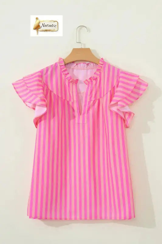 Pink Stripe Split Neck Ruffled Summer Blouse Nataliz