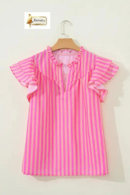 Pink Stripe Split Neck Ruffled Summer Blouse Nataliz