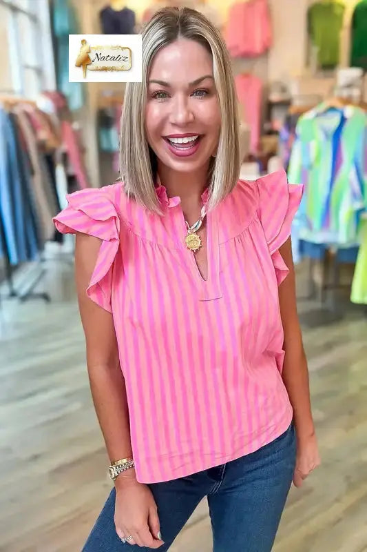 Pink Stripe Split Neck Ruffled Summer Blouse Nataliz
