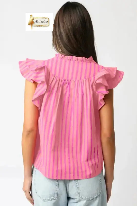 Pink Stripe Split Neck Ruffled Summer Blouse Nataliz