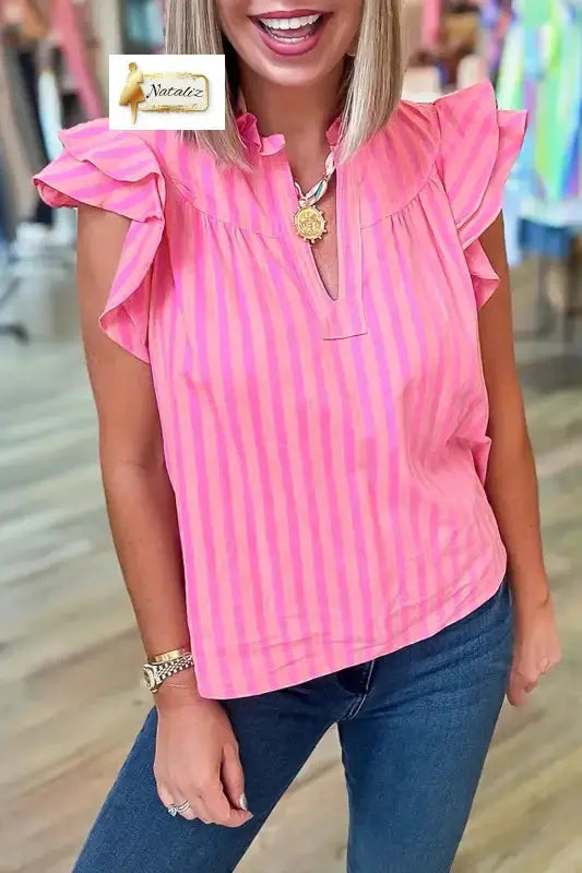 Pink Stripe Split Neck Ruffled Summer Blouse Nataliz