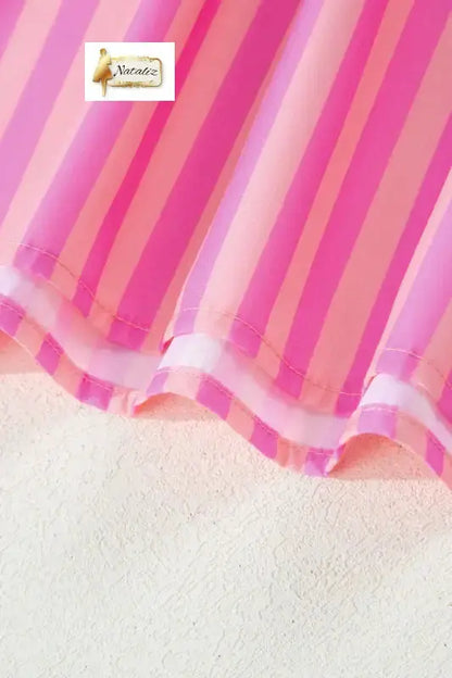 Pink Stripe Split Neck Ruffled Summer Blouse Nataliz