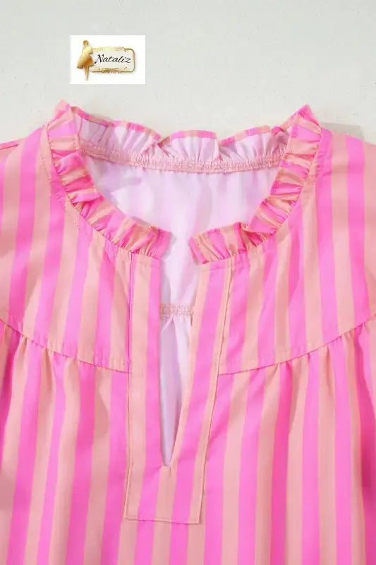 Pink Stripe Split Neck Ruffled Summer Blouse Nataliz