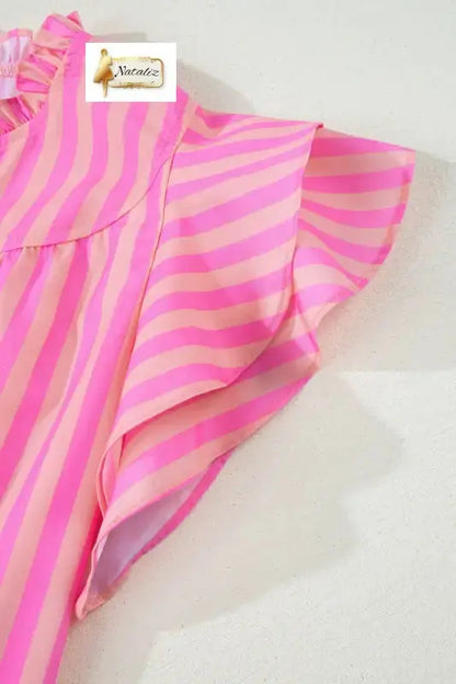 Pink Stripe Split Neck Ruffled Summer Blouse Nataliz