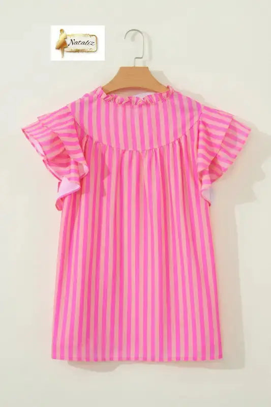 Pink Stripe Split Neck Ruffled Summer Blouse Nataliz