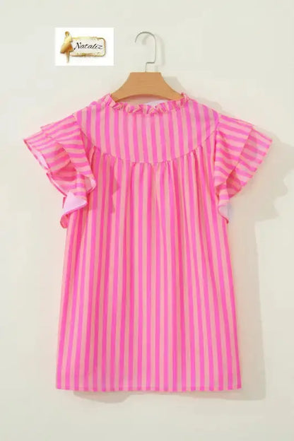 Pink Stripe Split Neck Ruffled Summer Blouse Nataliz