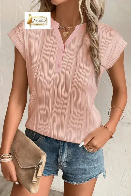 Pink Wavy Textured Button V Neck Tee Dear-Lover Dropshipping