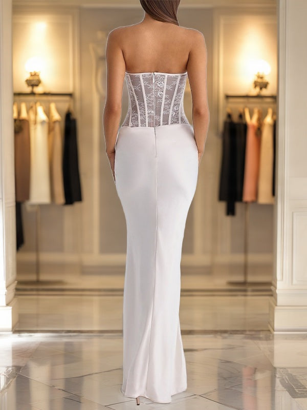Strapless Lace Corset Maxi Dress in Ivory model back view · nz-bg-v1
